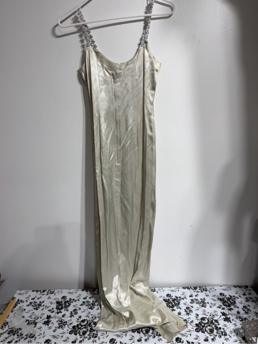 Vintage Jessica McClintock Gunne Sax Champagne Satin Rhinestone Flower Strap Max